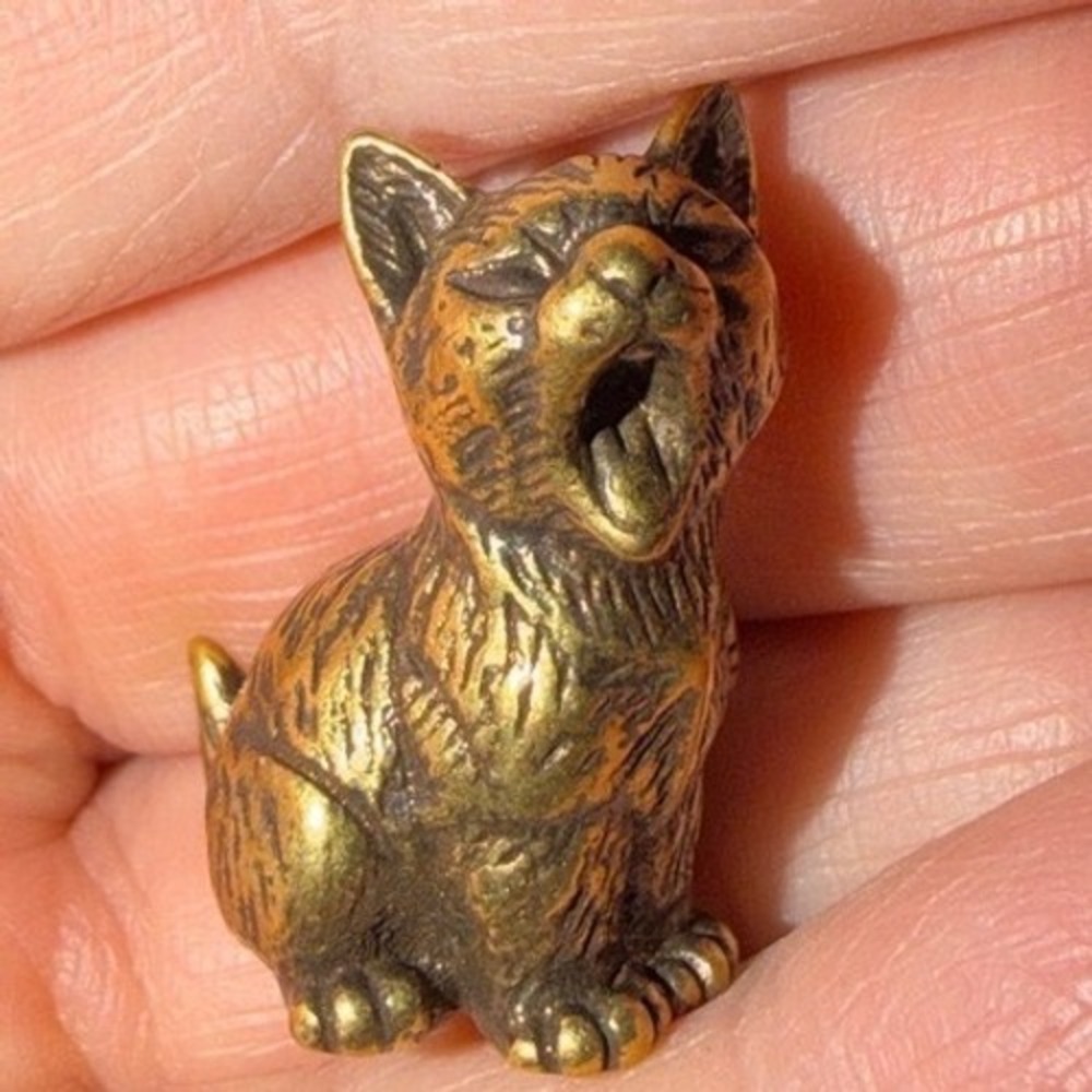 Cat Brass Kitten Cat Figurine Yawning Open Mouth Sitting Adorable Desk‎ Decor